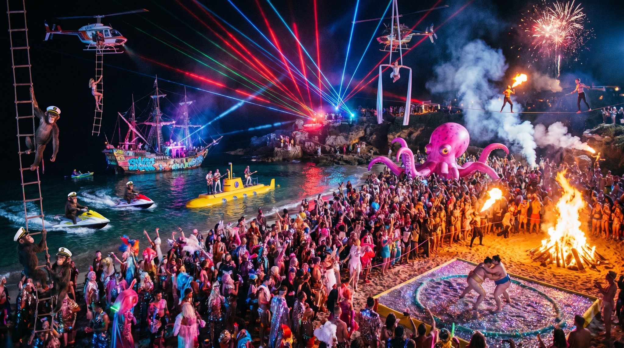 A beach party with lasers, fire and a giant octopus installation