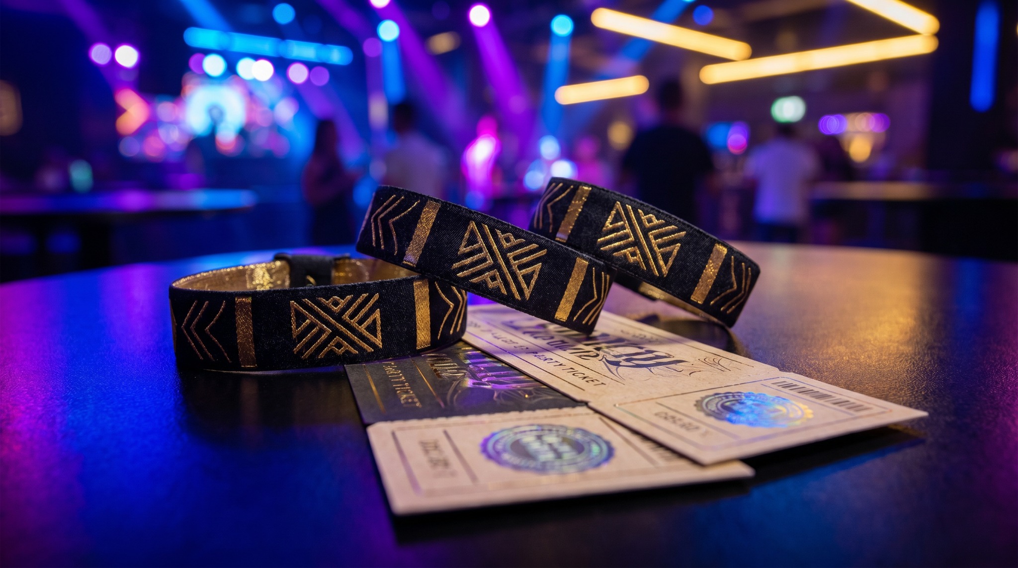 Exclusive event wristbands and tickets under nightclub lighting
